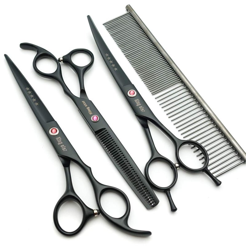 Kingstar 7.0in. Matt Black Professional Pet Grooming Scissors Set,Straight & Thinning & Curved Scissors Set with Comb case A389 - Image 3